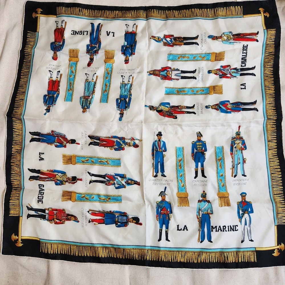 Vintage French Military Uniforms Pure Silk Scarf Made in France 29x29 Lyon